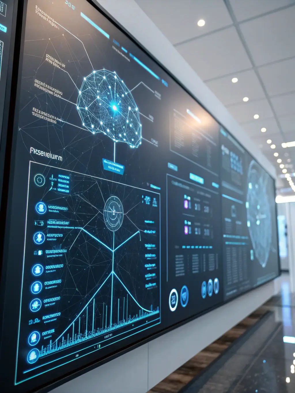 A futuristic interface displaying AI algorithms analyzing market data, highlighting CyberNova's AI-driven approach.