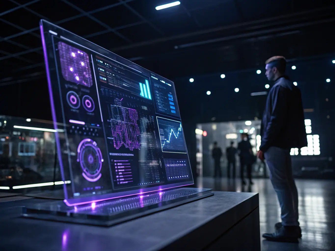 A dynamic image showcasing a futuristic digital interface displaying data analytics and AI visualizations, representing CyberNova's AI-Enhanced Investment Platform.